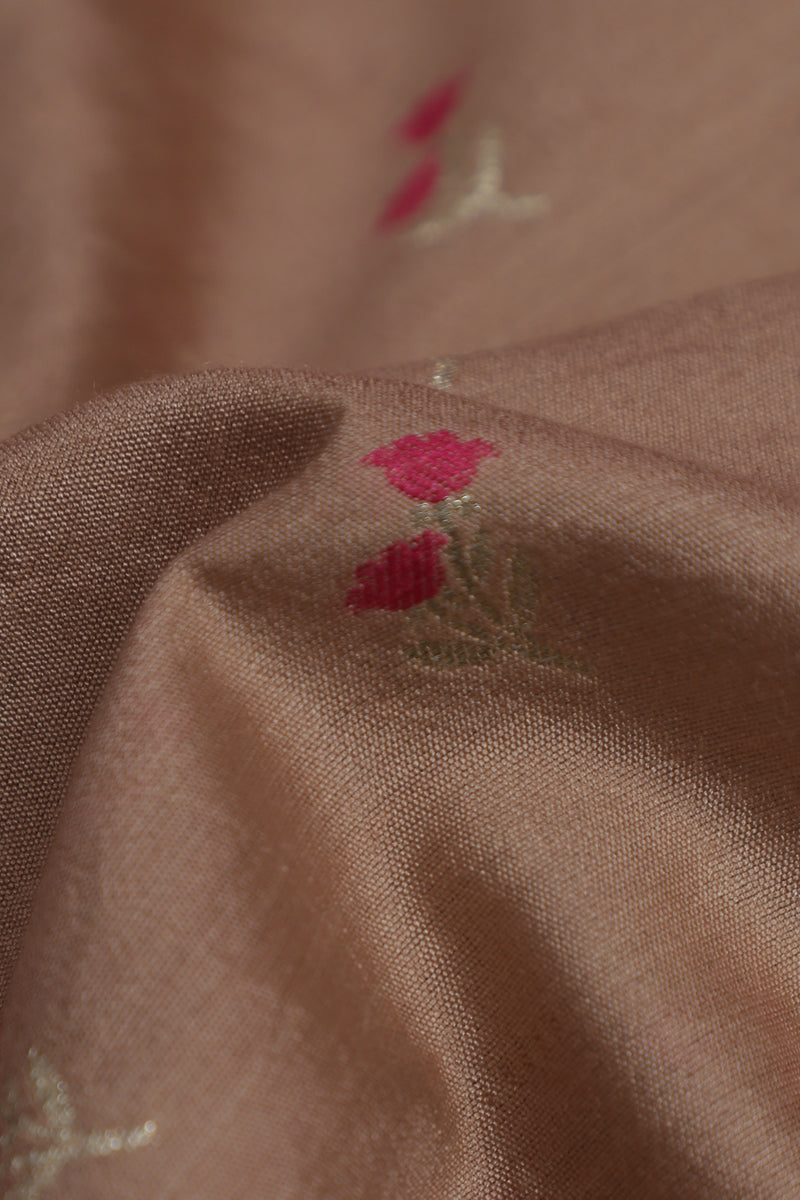 Pure Banarasi Chiniya Silk Fabric – Mina Weave, Light Brown with Pink (1 Meter)