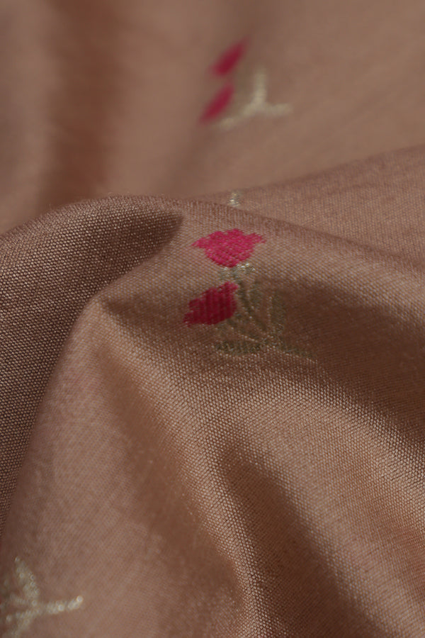 Pure Banarasi Chiniya Silk Fabric – Mina Weave, Light Brown with Pink (1 Meter)