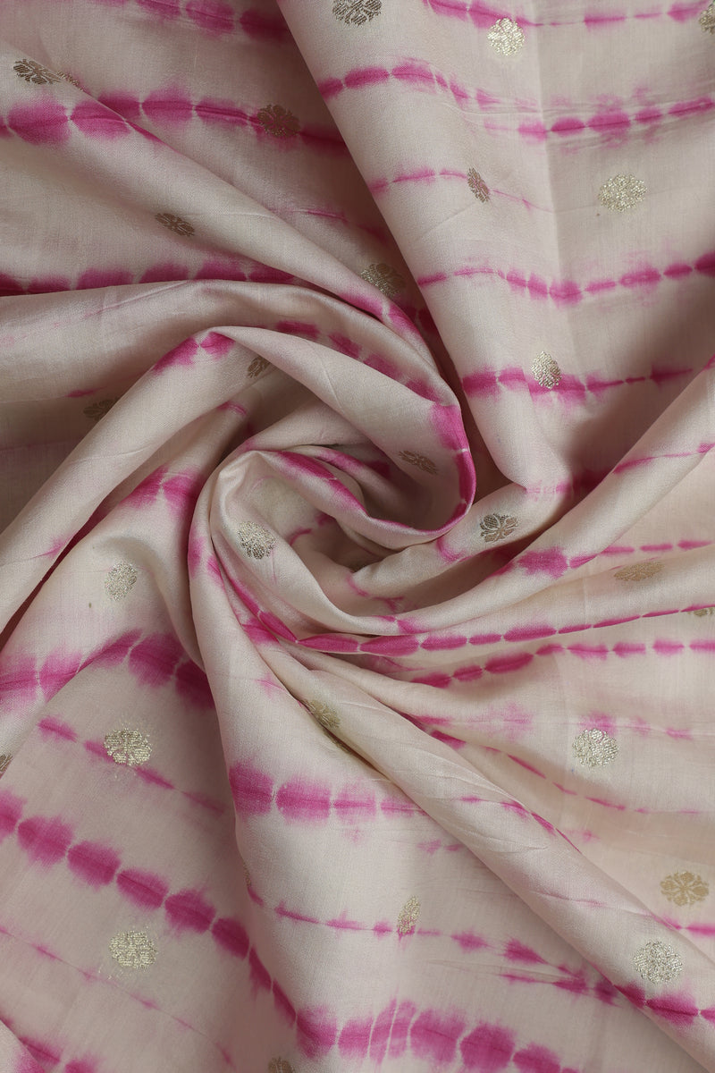 Pure Silk Shibori Fabric – Water Zari Butties, Off White & Pink (1 Meter)