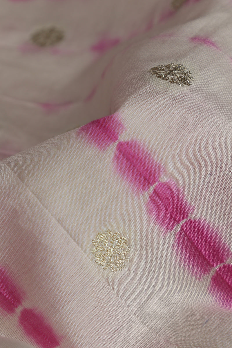 Pure Silk Shibori Fabric – Water Zari Butties, Off White & Pink (1 Meter)