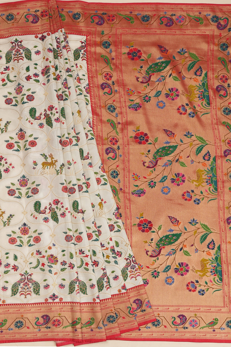 Banarasi Art Silk Saree - Off White with Multi Color Weave