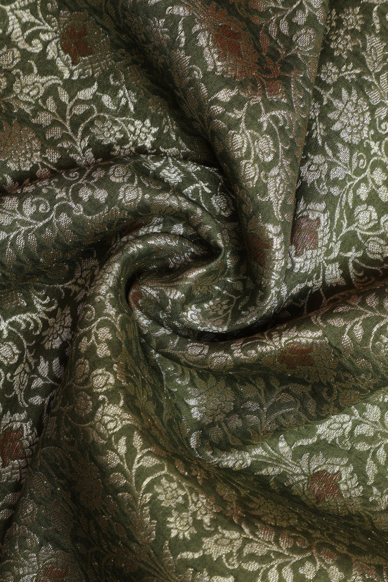 Pure Banarasi Brocade Fabric – Water Zari Jaal & Copper Meena, Henna Green (1 Meter)