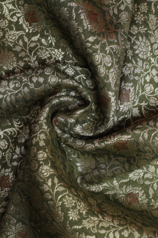 Pure Banarasi Brocade Fabric – Water Zari Jaal & Copper Meena, Henna Green (1 Meter)