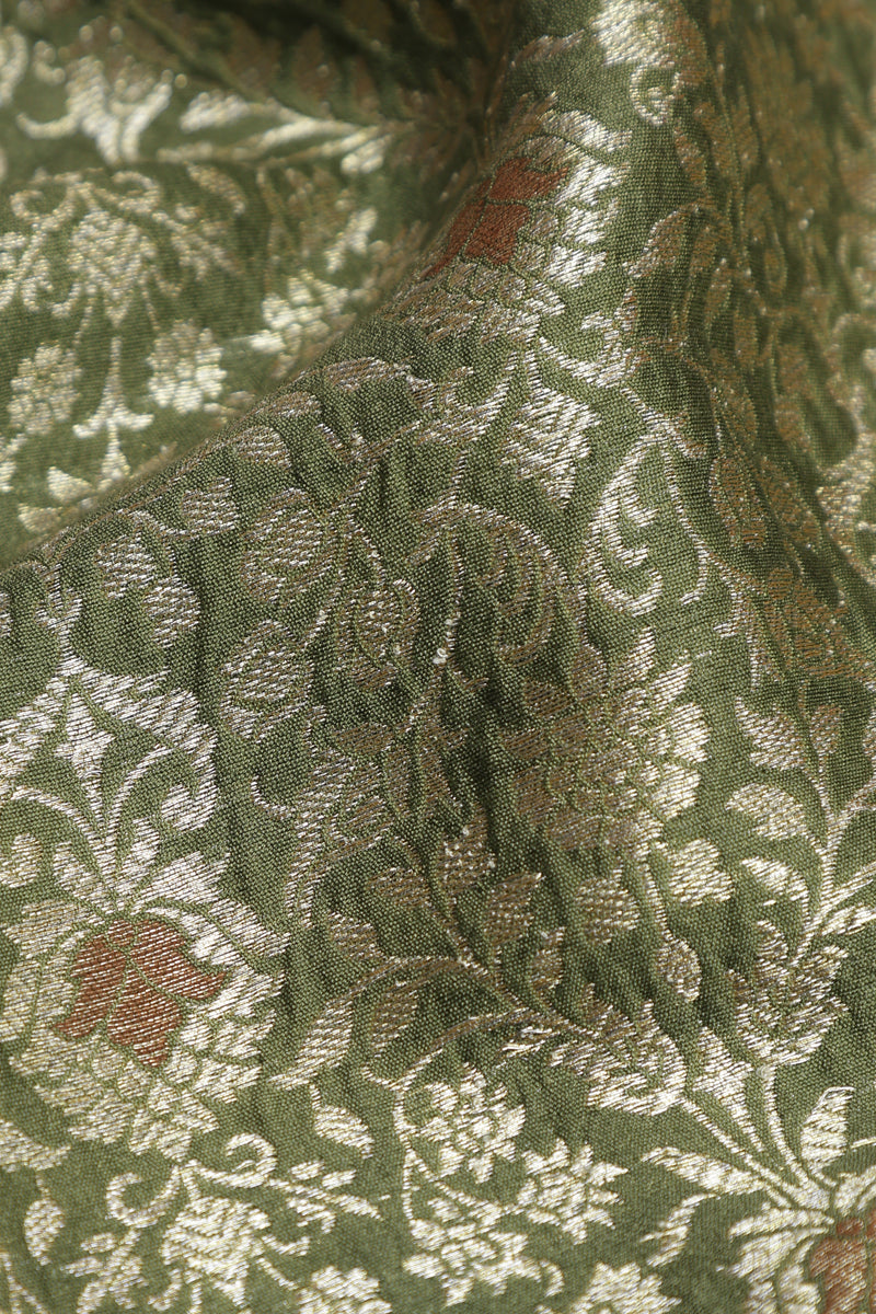 Pure Banarasi Brocade Fabric – Water Zari Jaal & Copper Meena, Henna Green (1 Meter)