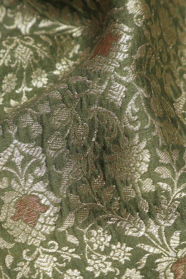 Pure Banarasi Brocade Fabric – Water Zari Jaal & Copper Meena, Henna Green (1 Meter)