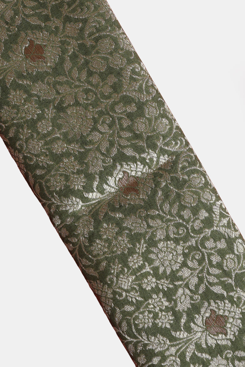 Pure Banarasi Brocade Fabric – Water Zari Jaal & Copper Meena, Henna Green (1 Meter)