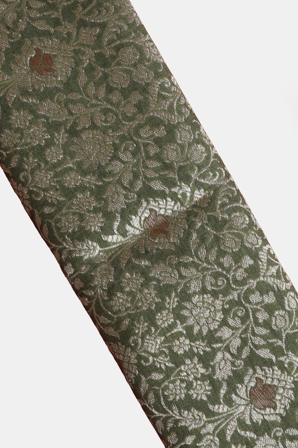 Pure Banarasi Brocade Fabric – Water Zari Jaal & Copper Meena, Henna Green (1 Meter)