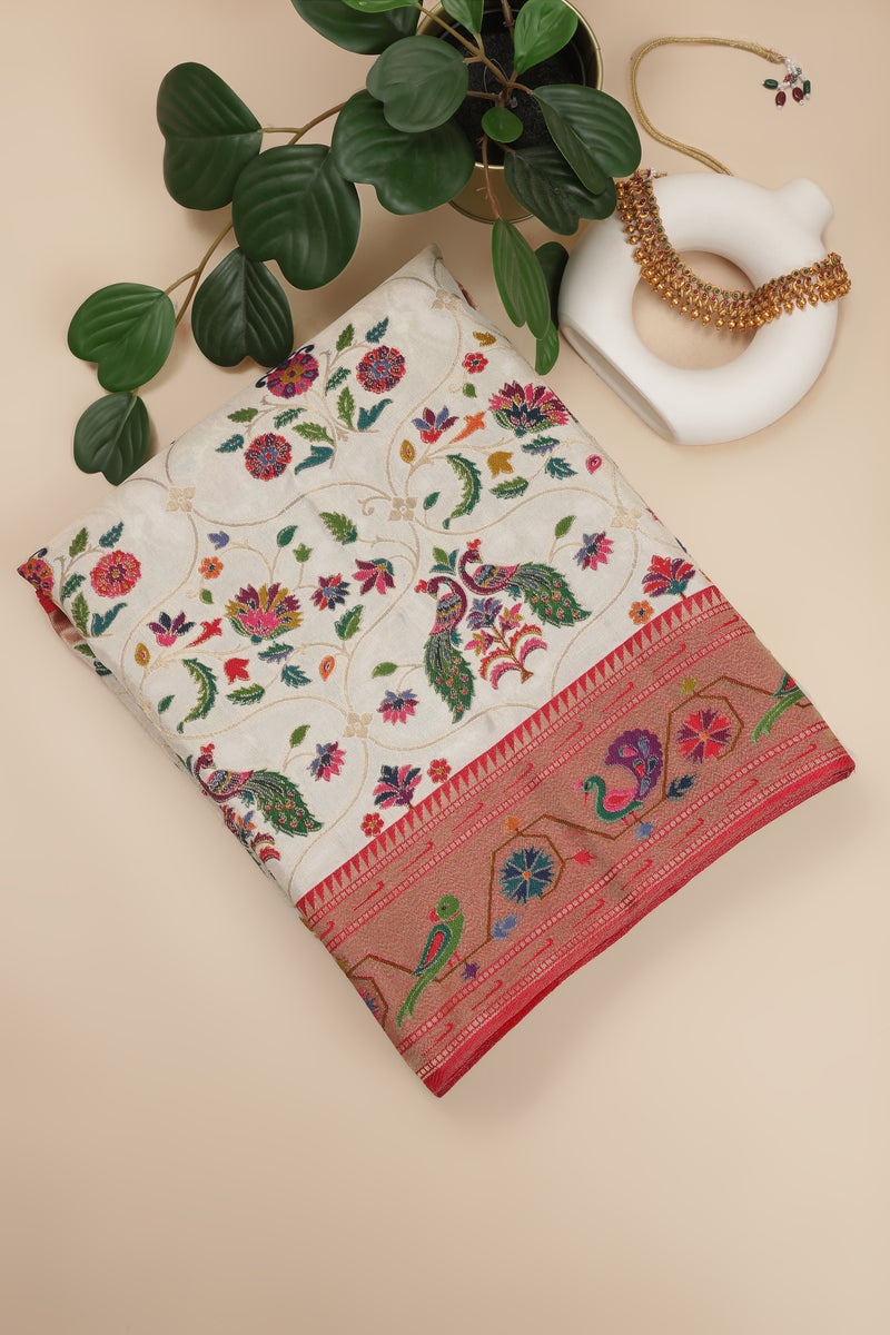 Banarasi Art Silk Saree - Off White with Multi Color Weave