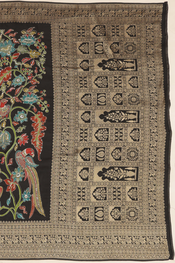Banarasi Satin Crepe with Kanchi Border - Black with Multi color print