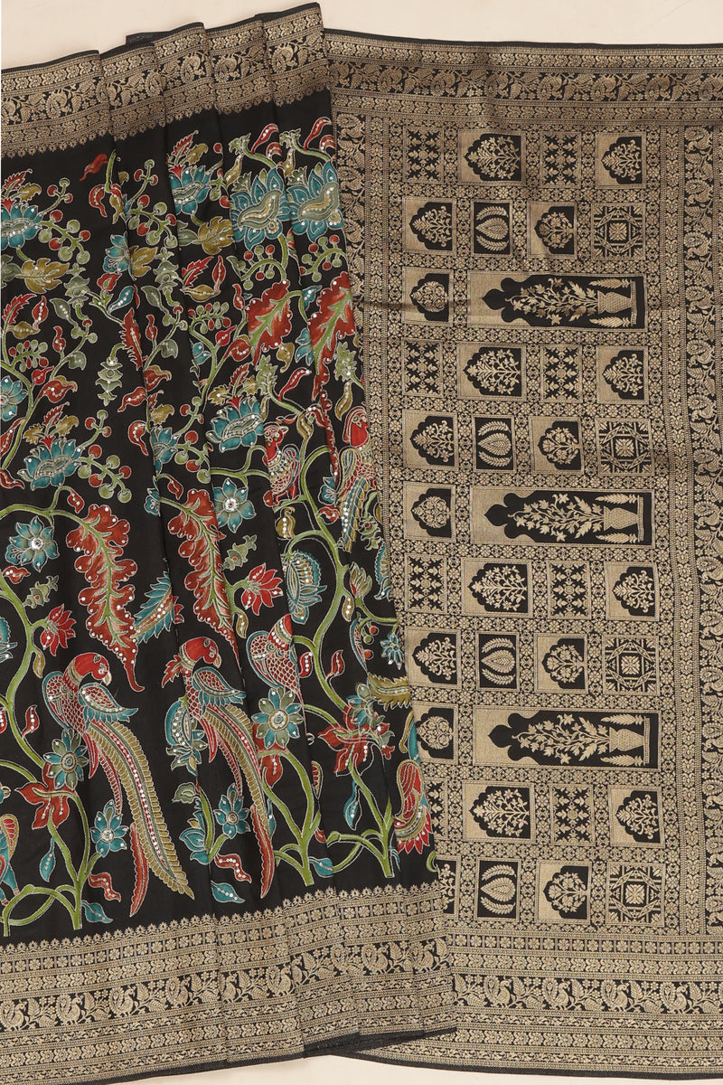 Banarasi Satin Crepe with Kanchi Border - Black with Multi color print