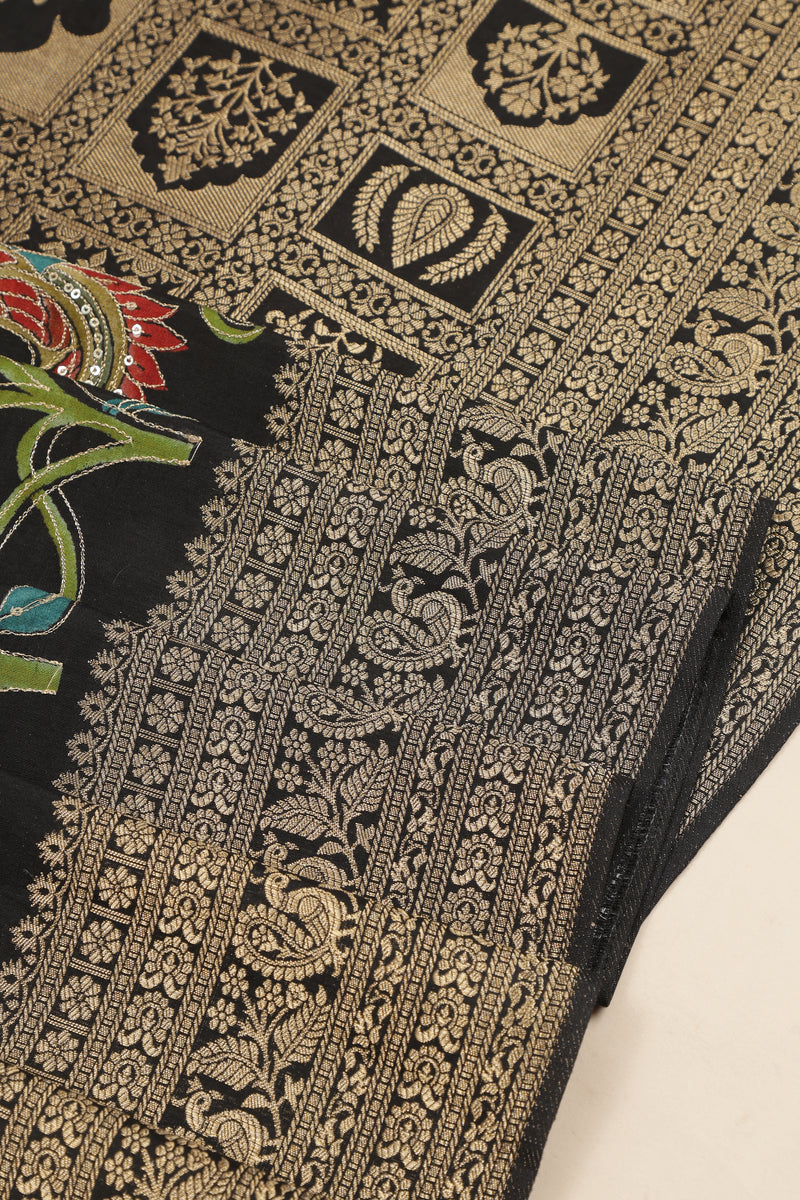 Banarasi Satin Crepe with Kanchi Border - Black with Multi color print