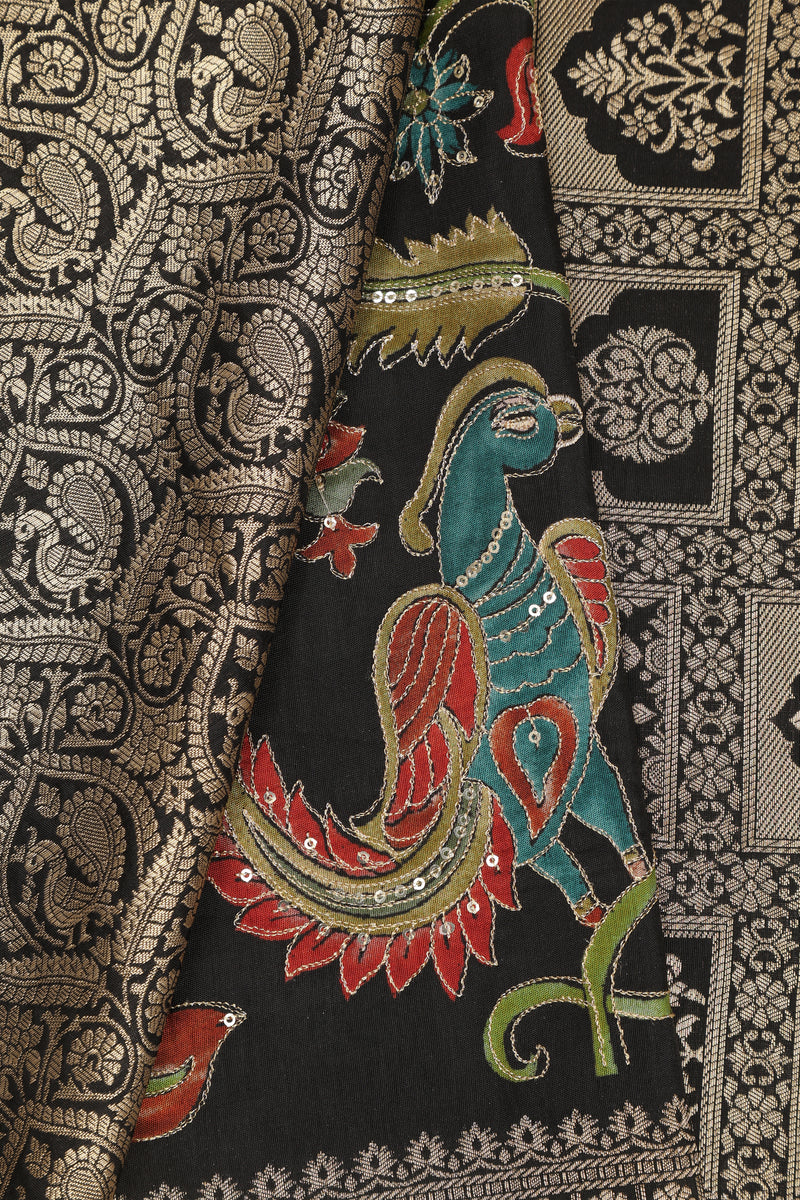 Banarasi Satin Crepe with Kanchi Border - Black with Multi color print
