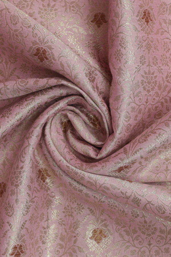 Pure Banarasi Brocade Fabric – Water Zari Jaal & Copper Meena, Light Pink (1 Meter)