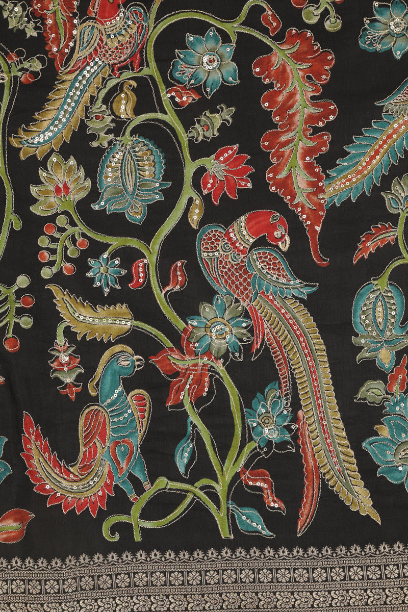 Banarasi Satin Crepe with Kanchi Border - Black with Multi color print