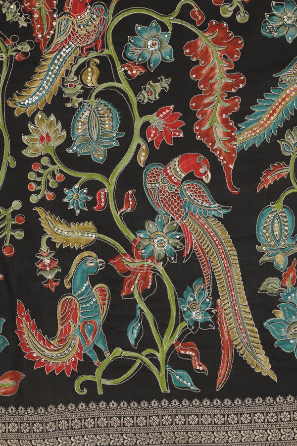 Banarasi Satin Crepe with Kanchi Border - Black with Multi color print