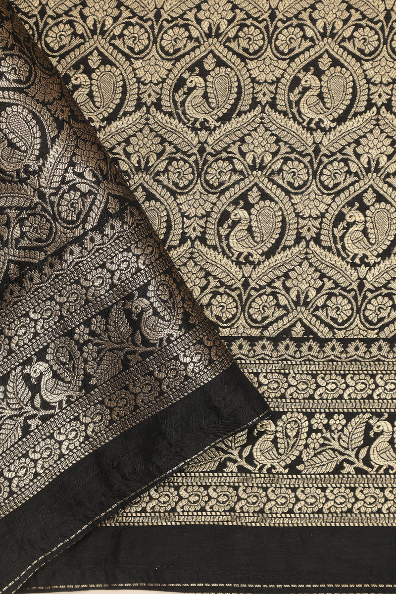 Banarasi Satin Crepe with Kanchi Border - Black with Multi color print