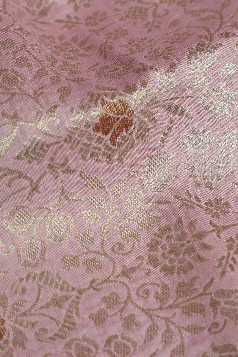 Pure Banarasi Brocade Fabric – Water Zari Jaal & Copper Meena, Light Pink (1 Meter)
