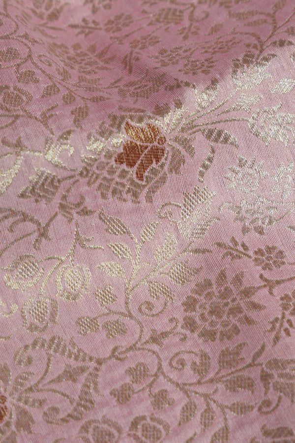 Pure Banarasi Brocade Fabric – Water Zari Jaal & Copper Meena, Light Pink (1 Meter)
