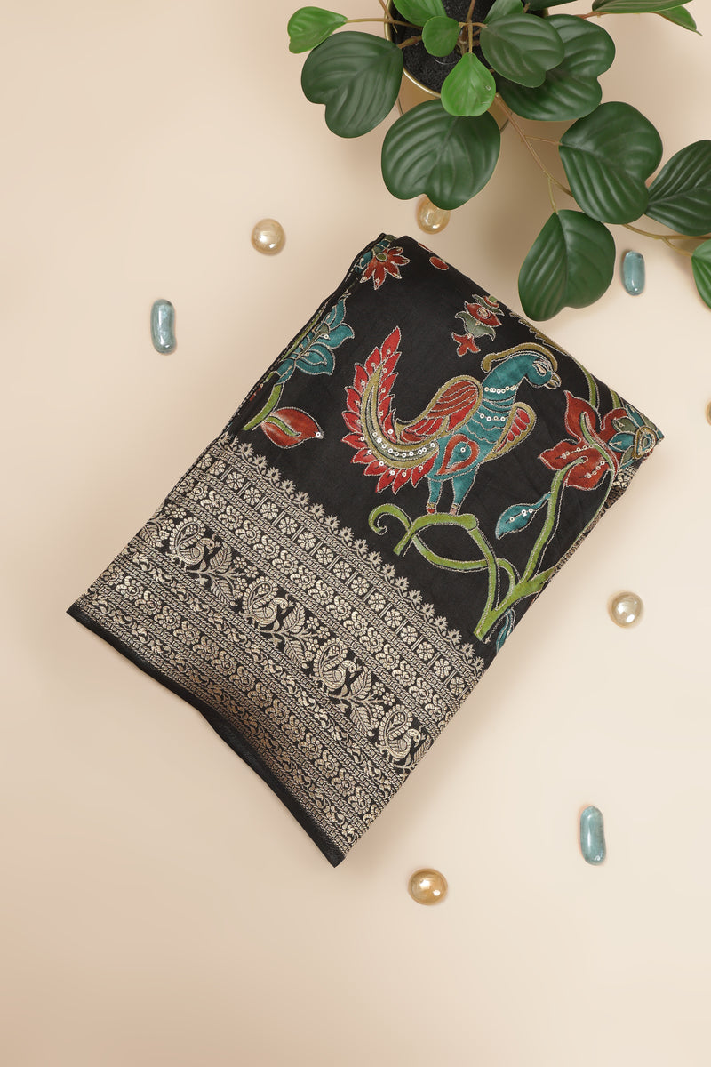 Banarasi Satin Crepe with Kanchi Border - Black with Multi color print