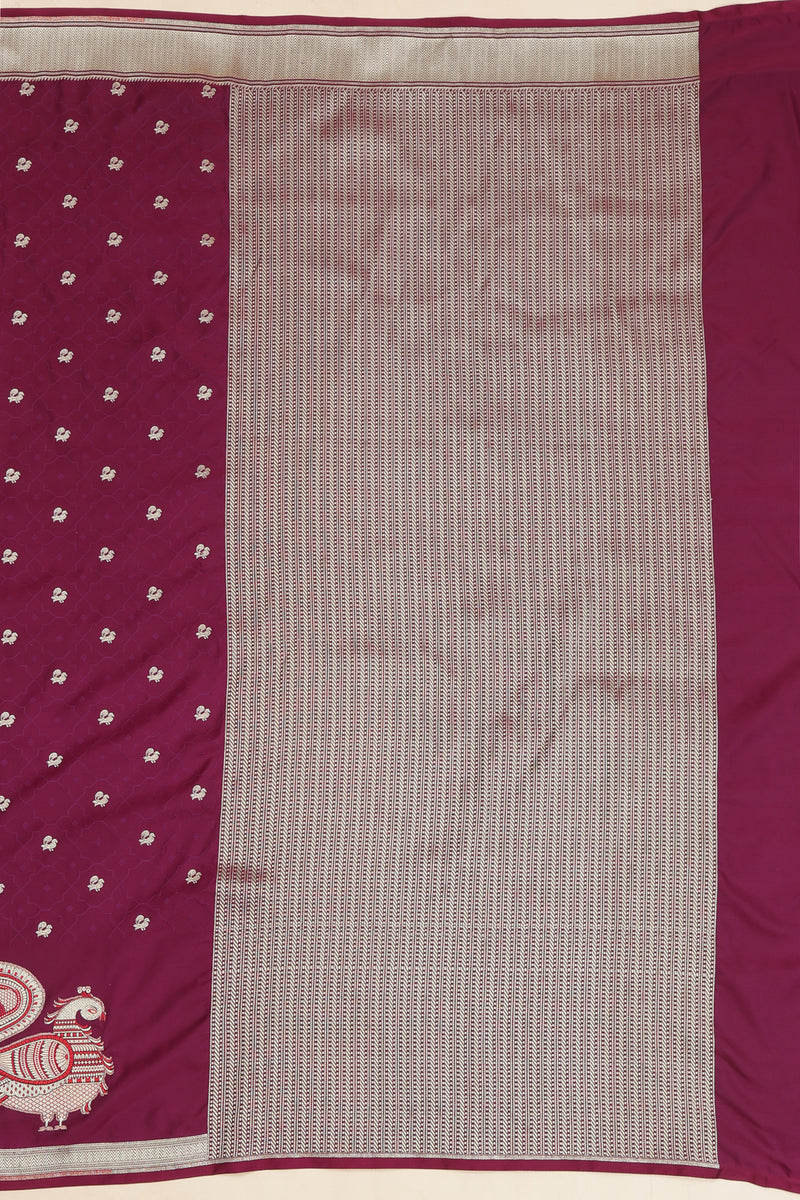 Semi Tanchoi Silk Saree with Peacock Border - Wine