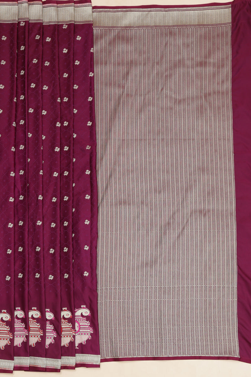 Semi Tanchoi Silk Saree with Peacock Border - Wine