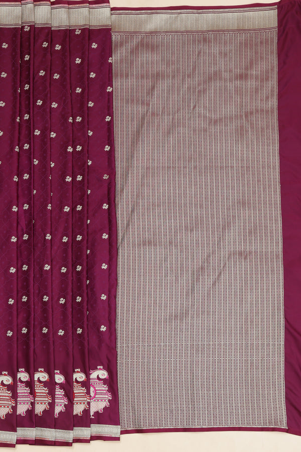 Semi Tanchoi Silk Saree with Peacock Border - Wine