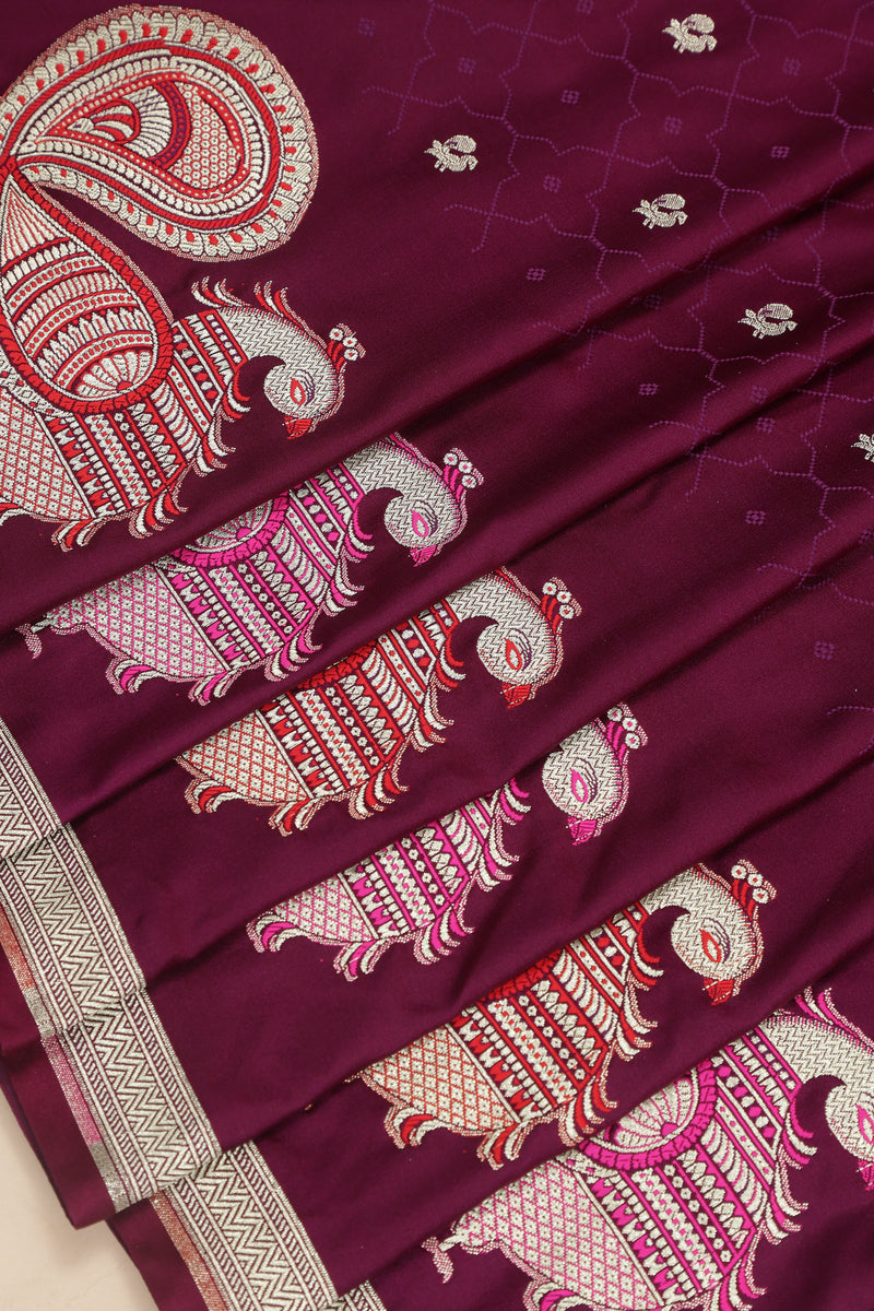 Semi Tanchoi Silk Saree with Peacock Border - Wine