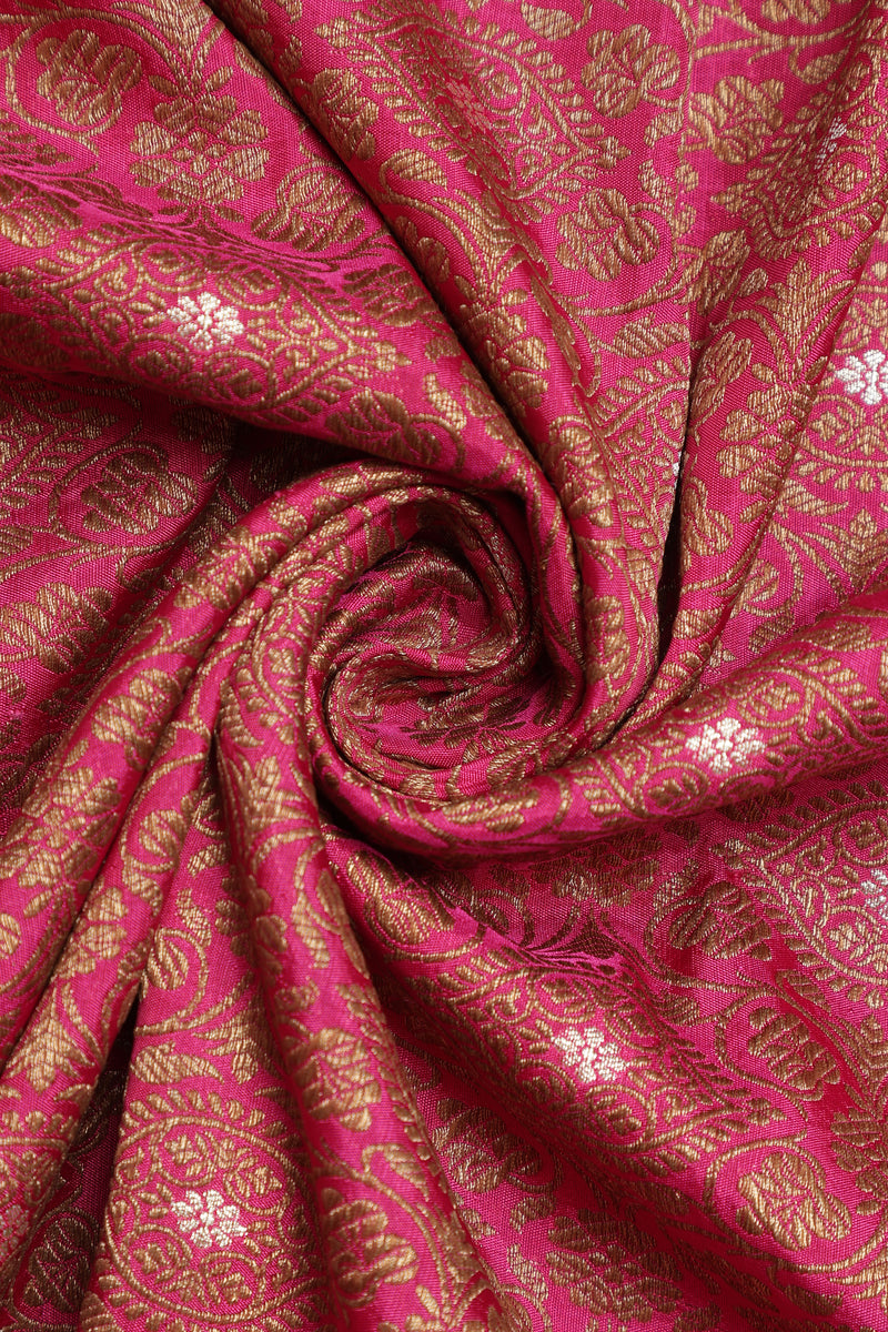 Pure Banarasi Brocade Fabric – Antique Zari & Silver Meena, Pink  (1 Meter)