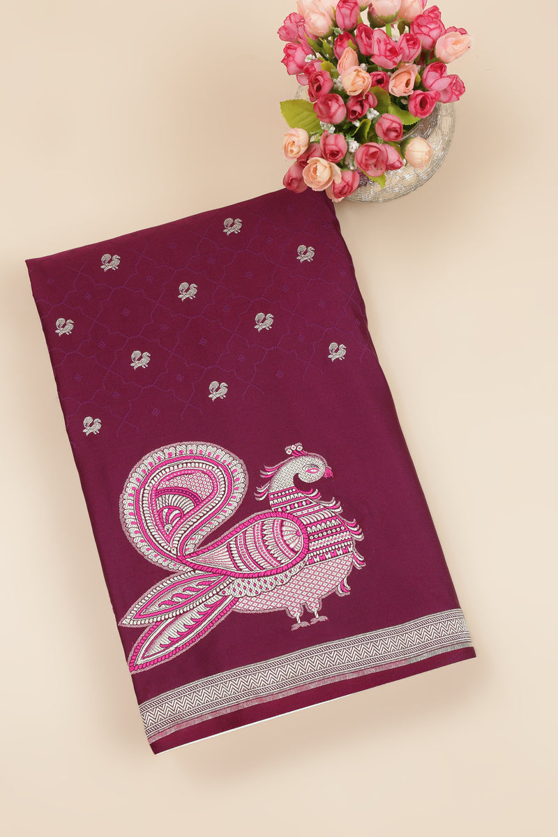 Semi Tanchoi Silk Saree with Peacock Border - Wine