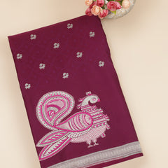 Semi Tanchoi Silk Saree with Peacock Border - Wine