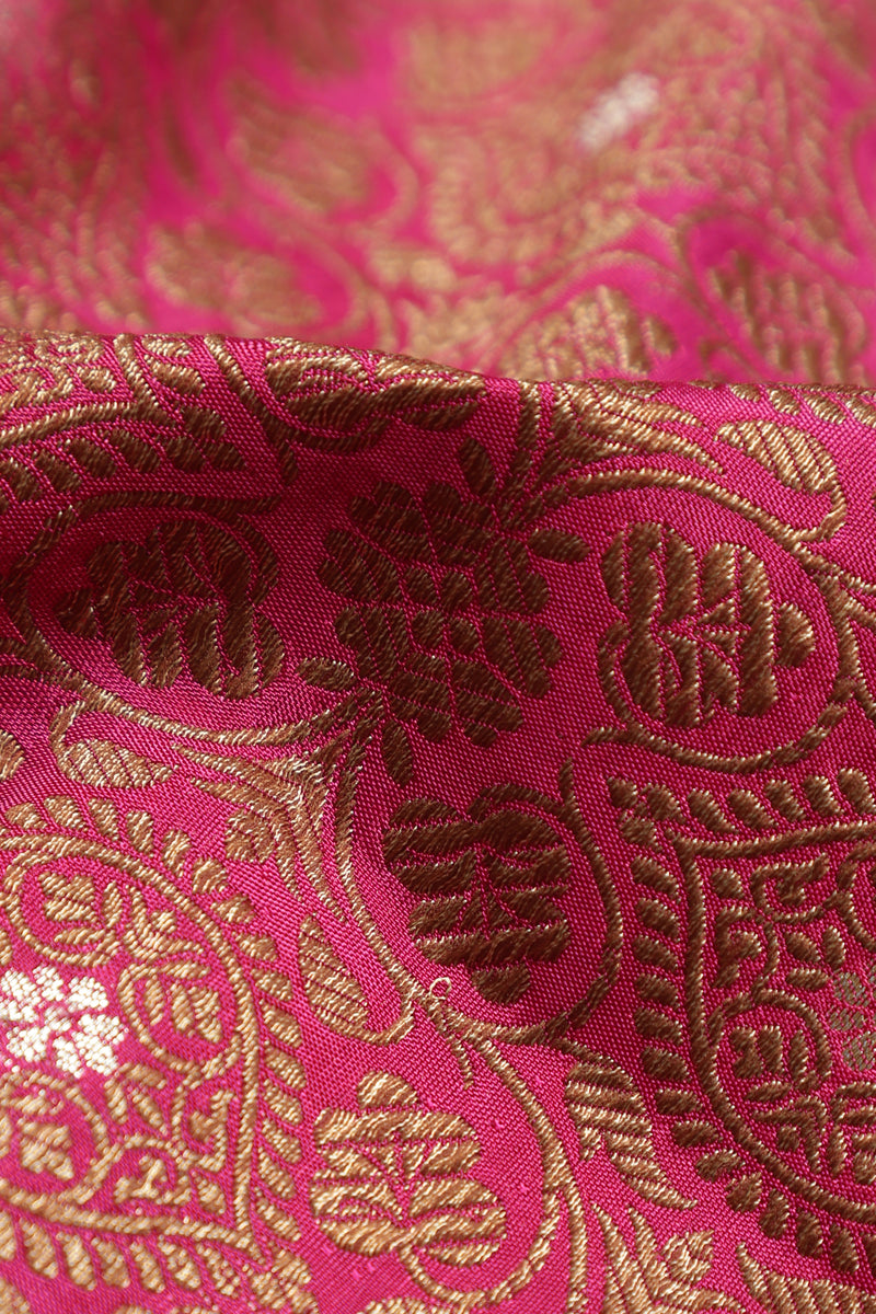 Pure Banarasi Brocade Fabric – Antique Zari & Silver Meena, Pink  (1 Meter)