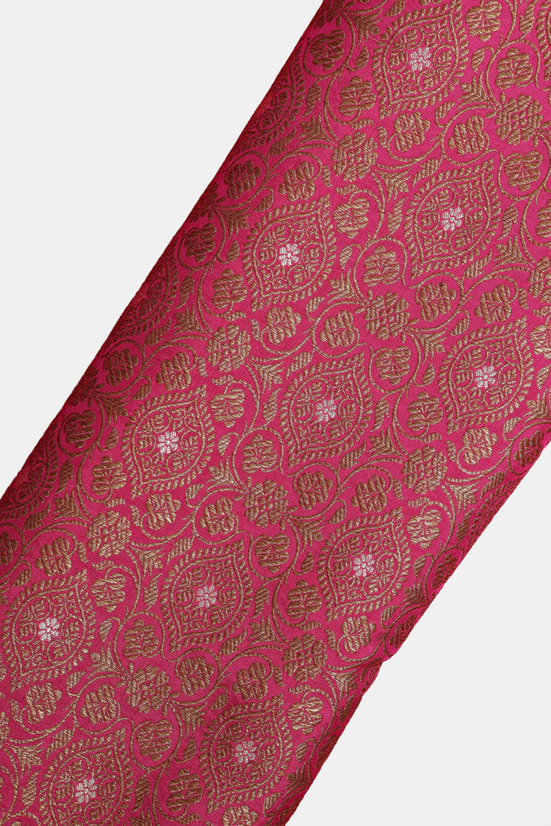 Pure Banarasi Brocade Fabric – Antique Zari & Silver Meena, Pink  (1 Meter)