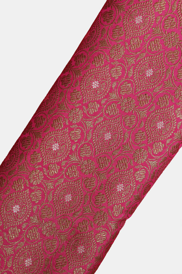 Pure Banarasi Brocade Fabric – Antique Zari & Silver Meena, Pink  (1 Meter)