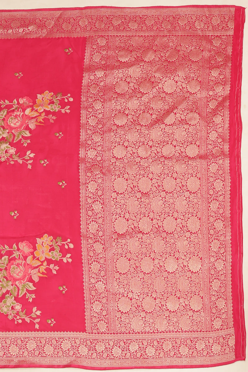 Glass Tisue Saree - Red with Multicolor Floral Weave