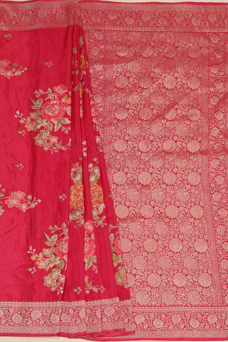 Glass Tisue Saree - Red with Multicolor Floral Weave