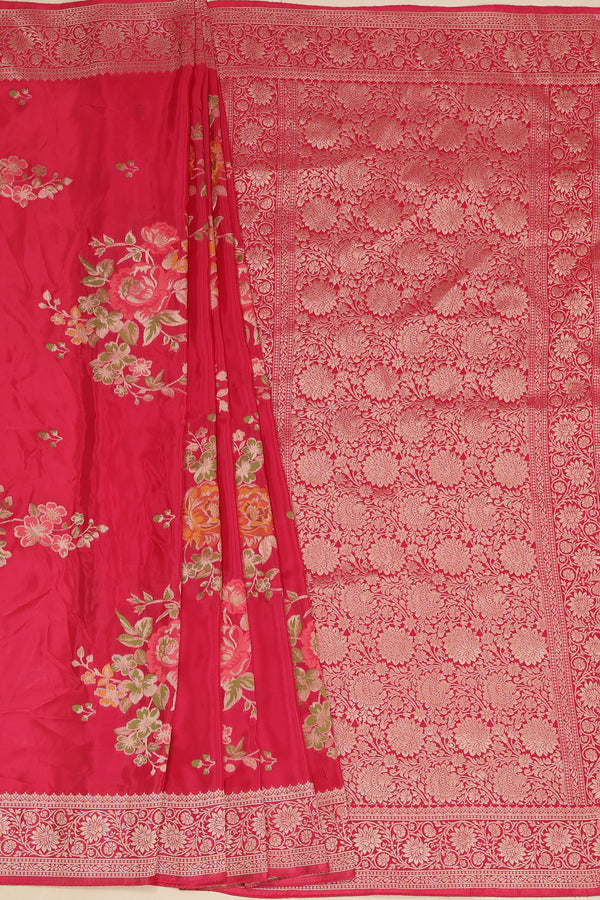 Glass Tisue Saree - Red with Multicolor Floral Weave