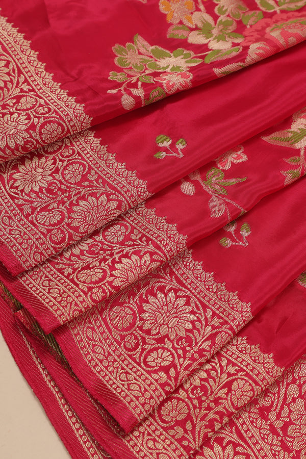Glass Tisue Saree - Red with Multicolor Floral Weave