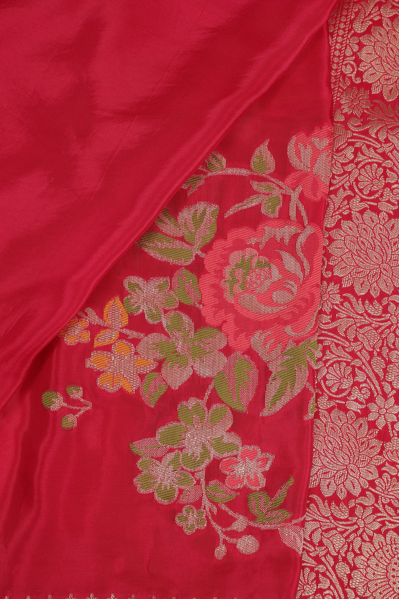 Glass Tisue Saree - Red with Multicolor Floral Weave