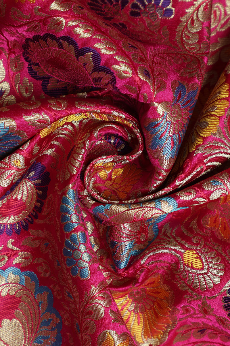 Pure Banarasi Brocade Fabric – Multicolor Weave & Gold Zari, Rani Pink (1 Meter)