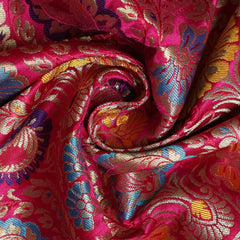 Pure Banarasi Brocade Fabric – Multicolor Weave & Gold Zari, Rani Pink (1 Meter)