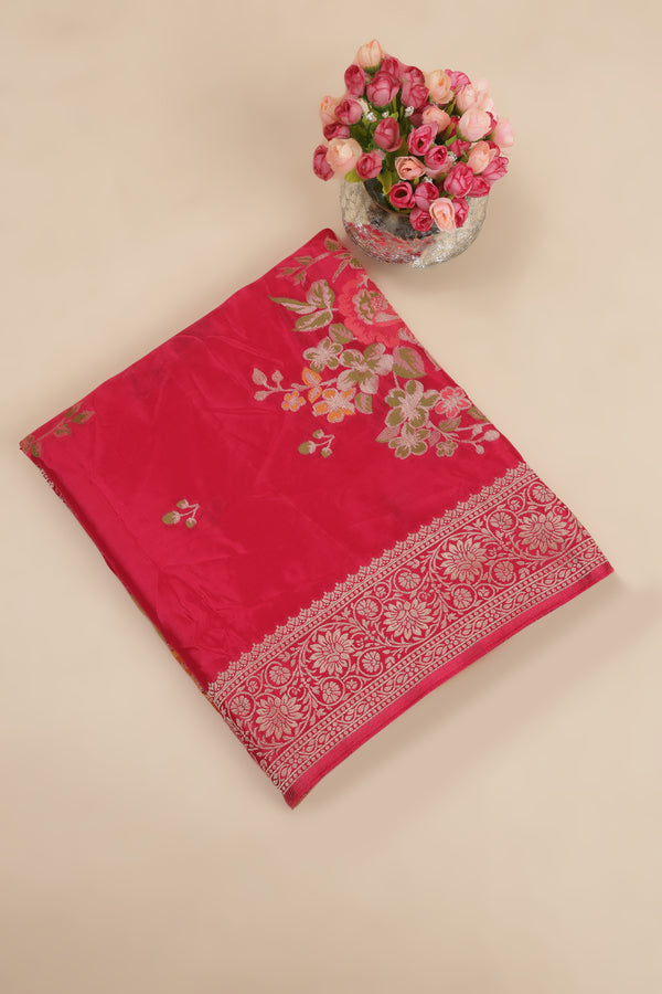 Glass Tisue Saree - Red with Multicolor Floral Weave