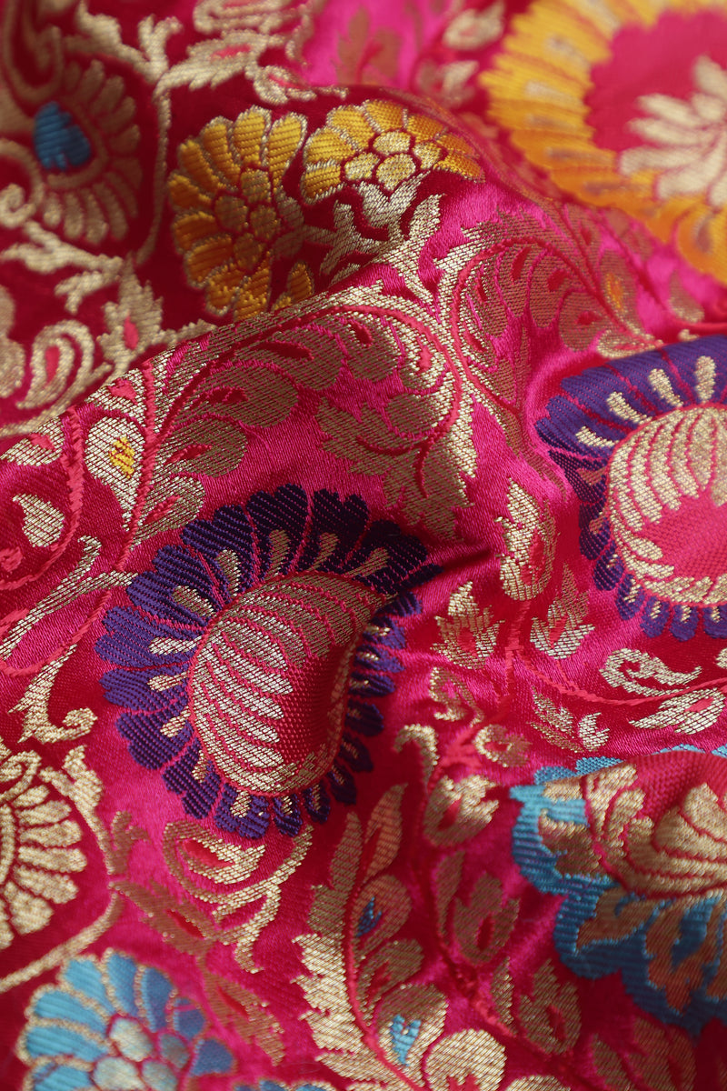 Pure Banarasi Brocade Fabric – Multicolor Weave & Gold Zari, Rani Pink (1 Meter)