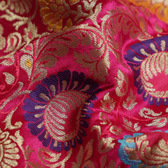 Pure Banarasi Brocade Fabric – Multicolor Weave & Gold Zari, Rani Pink (1 Meter)