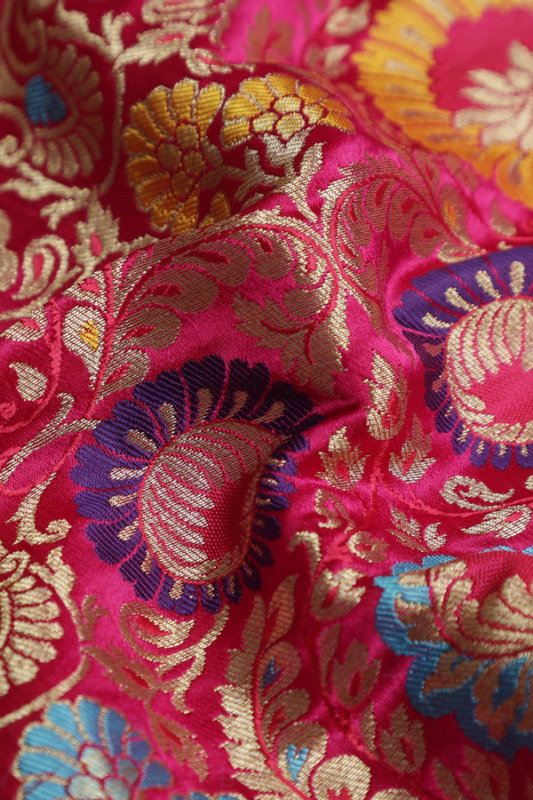 Pure Banarasi Brocade Fabric – Multicolor Weave & Gold Zari, Rani Pink (1 Meter)