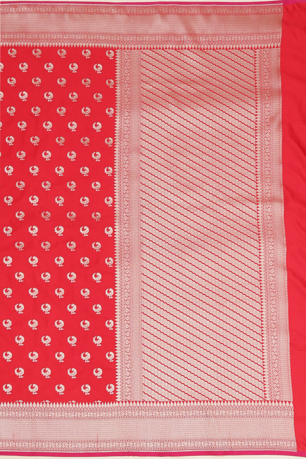 Semi Katan Silk with Peacock Butties - Red with Rani Pink Koni Border