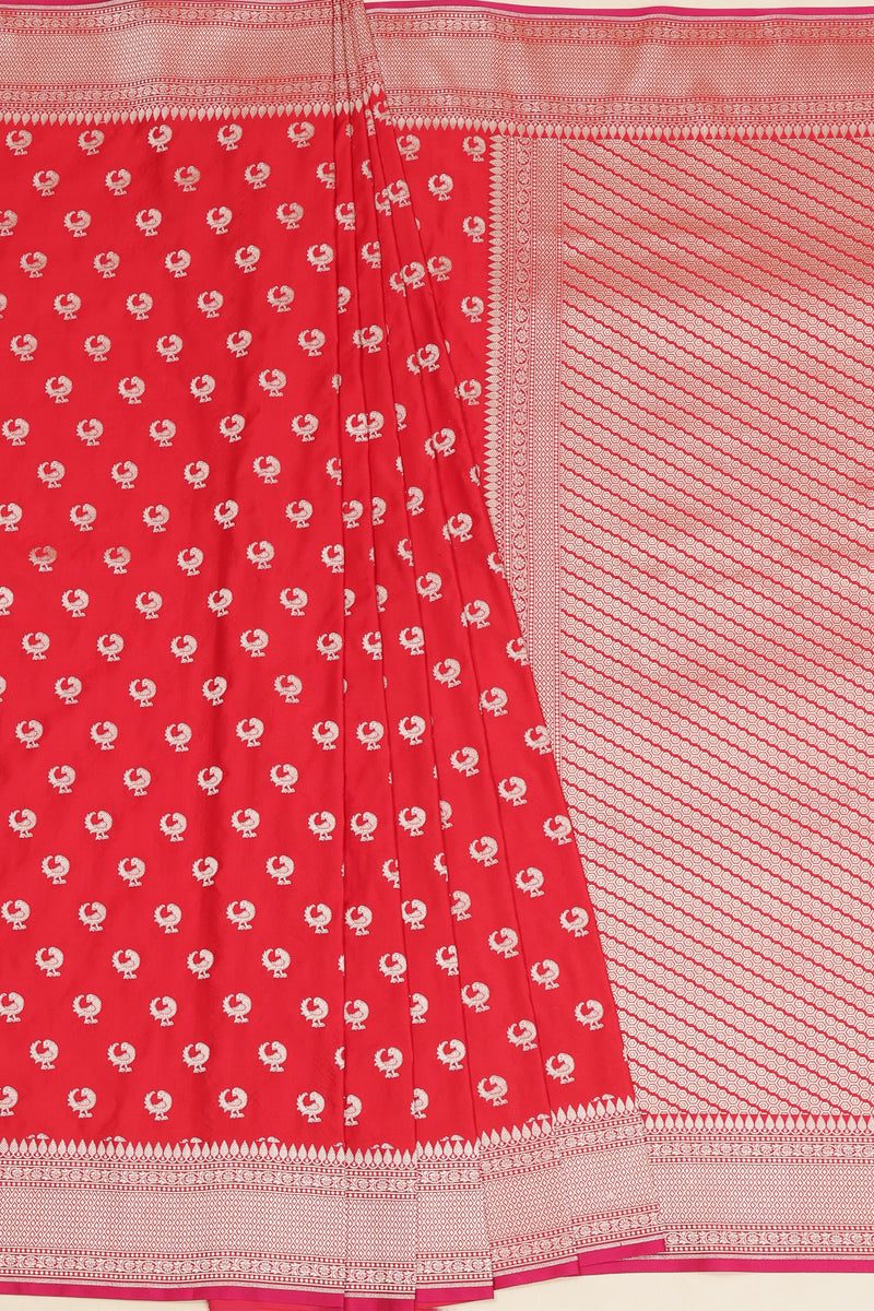 Semi Katan Silk with Peacock Butties - Red with Rani Pink Koni Border