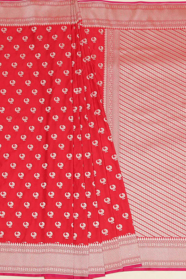 Semi Katan Silk with Peacock Butties - Red with Rani Pink Koni Border