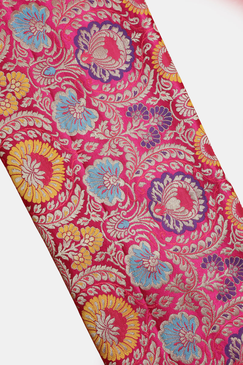 Pure Banarasi Brocade Fabric – Multicolor Weave & Gold Zari, Rani Pink (1 Meter)