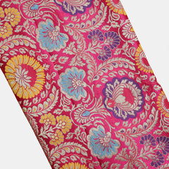 Pure Banarasi Brocade Fabric – Multicolor Weave & Gold Zari, Rani Pink (1 Meter)