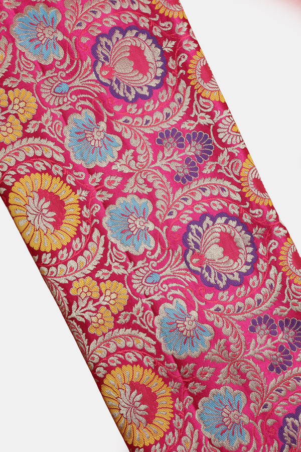 Pure Banarasi Brocade Fabric – Multicolor Weave & Gold Zari, Rani Pink (1 Meter)